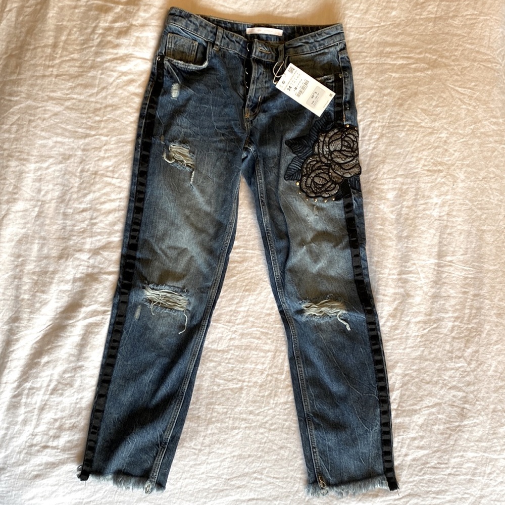 Zara TFR Distressed and Embellished Jeans
